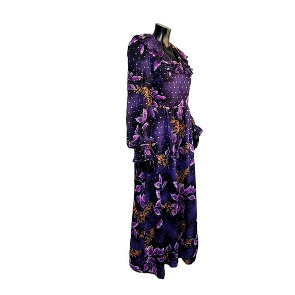 Vintage 70s Vera‎ Mont Paris Purple Floral Print Maxi Dress Ruffle Collar L/S - Picture 7 of 14